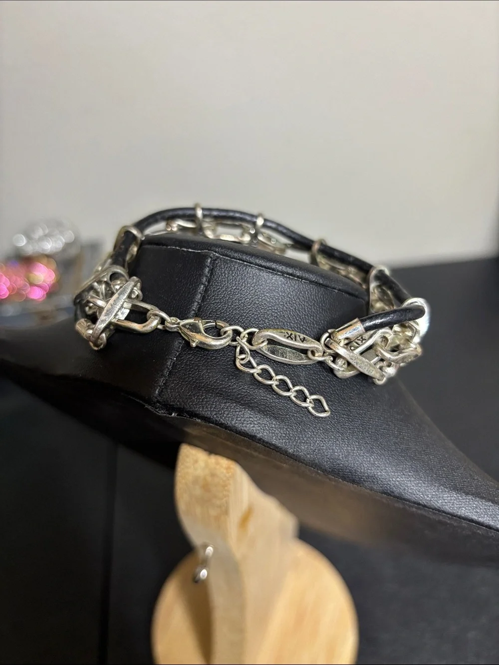 Vintage Armani Black Leather Silver Tone Link Bracelet Unisex